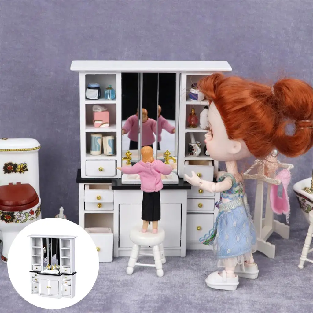 

1:12 Мебель для кукольного домика, шкаф для раковины с местом для хранения и зеркалом для маленькой девочки, белый цвет