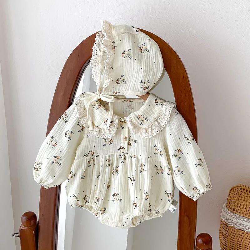 2Pcs Muslin Baby Jumpsuit Hat Floral Lace Toddler Outfit Set Baby Girl Clothes Infant Romper for Girls Onesie Newborn Clothing