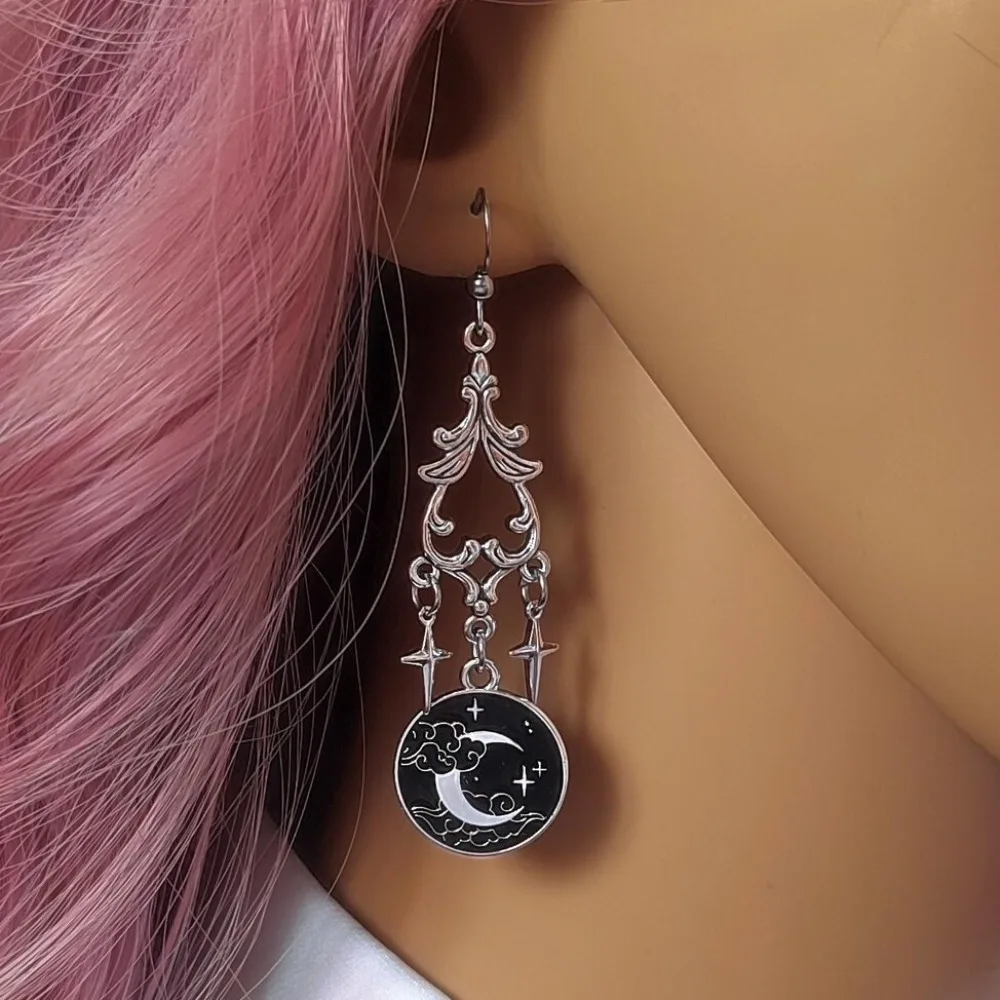 Mysterious Black Magic Crescent Star Moon Phase Dangle Earrings for Women Halloween Party Gothic Witchcraft Pagan Y2K Jewelry