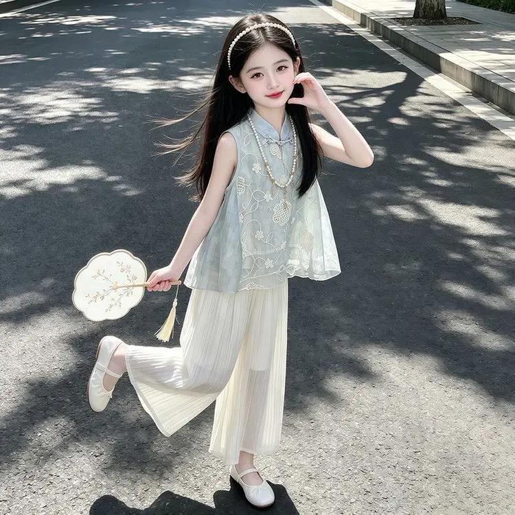 Girls Niche Chinese Style Wide Leg Skirt Pants Sleeveless Set Kids Summer Fairy Pants