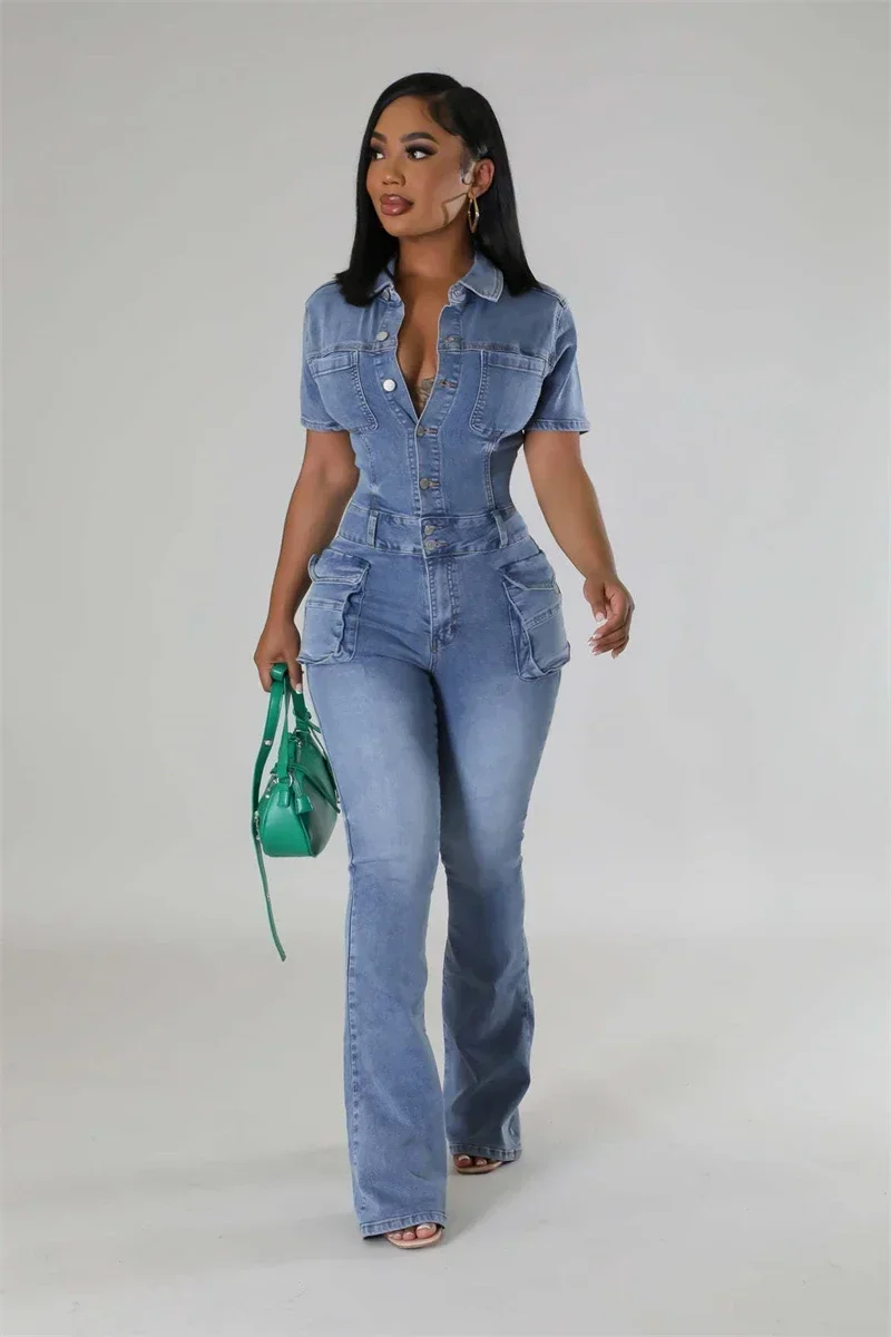 Fashion Denim Jumpsuit Summer Clothing Women 2026 Short Sleeve Button Up Flare Jeans Rompers Playsuit One Pieces Overalls Outfit