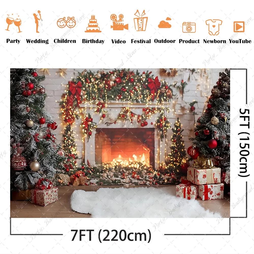 خلفية مدفأة عيد الميلاد الرجعية لاستوديو التصوير الفوتوغرافي جدار الطوب هدايا شجرة عيد الميلاد على الأرض زينة لامعة للأطفال