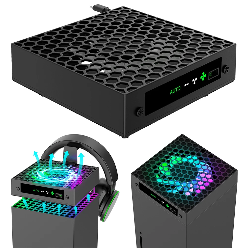 

RGB Cooling Fan 3 Levels Adjustable Speed Temperature-Controlled Cooling Fan System with Headset Holders for Xbox Series X Host