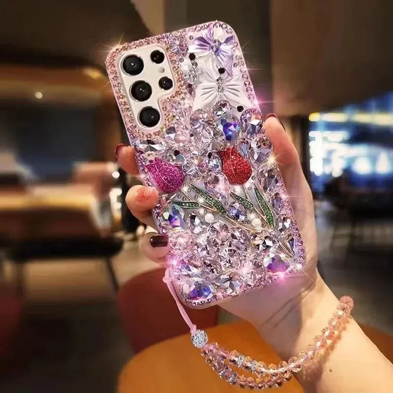 Nova 11i 12 Pro Tulip Diamond Cases For Huawei Nova Y61 Y70 Nova 10 9 8i SE 7SE 7i 5T Crystal Lanyard Case Diamond Coque viv