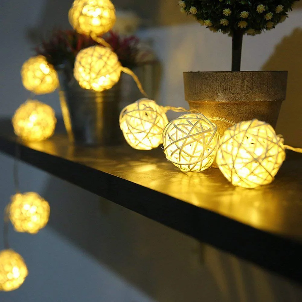 

2M 4M Rattan Ball Light Fairy Wedding Cotton Light String Warm White Garland 3.2cm Ball Light Party Garden Valentines Day Decor