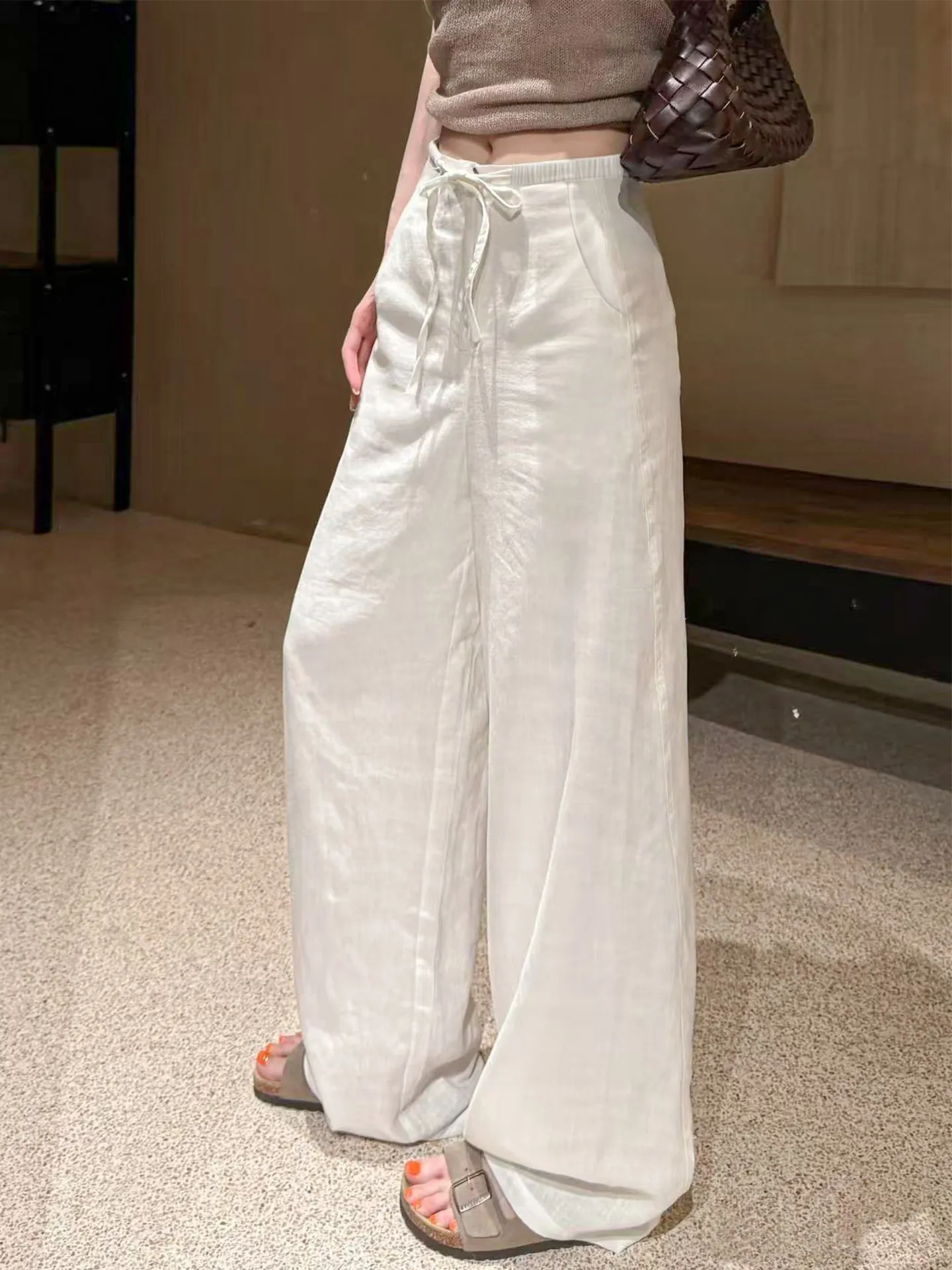 plus Size Women's White Cotton Linen Wide Leg Pants Summer Thin Ice Silk Loose Casual Lazy Drape Straight Leg Trousers