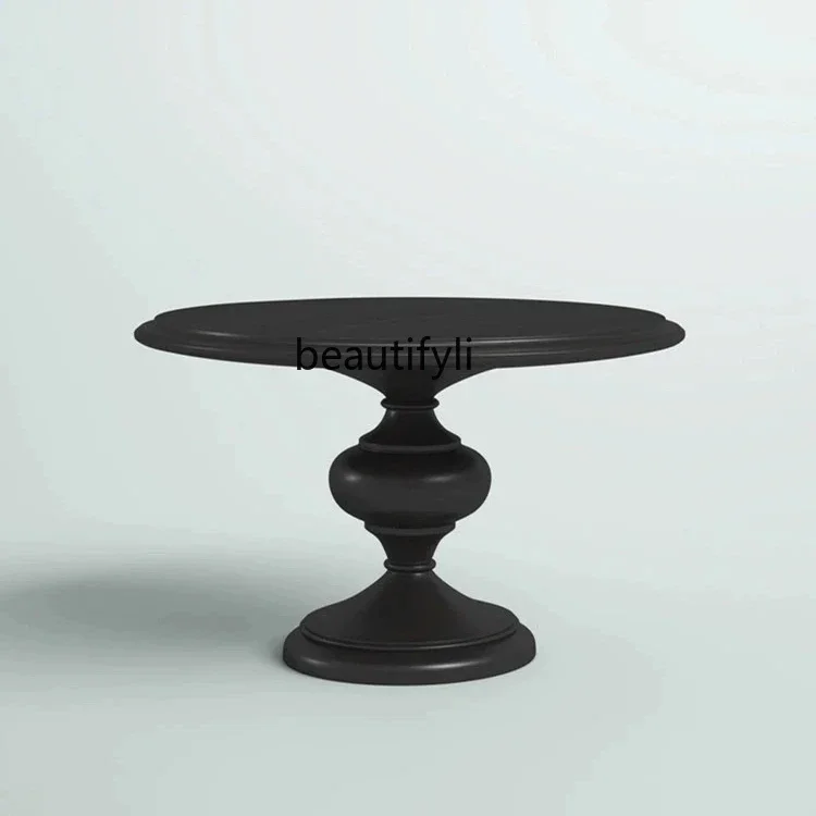 

QAmerican-Style Solid Wood Dining Table Small Apartment Round Table and Chair Combination Household Light Luxury Black High-End