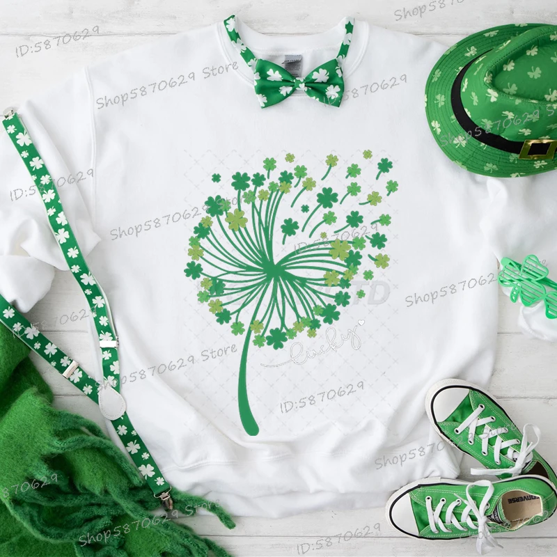 Funny Green Clover Dandelion Print T Shirt Women St Patrick's Day Festival Party Streetwear Fashion Short Sleeve Female Y2K Tops