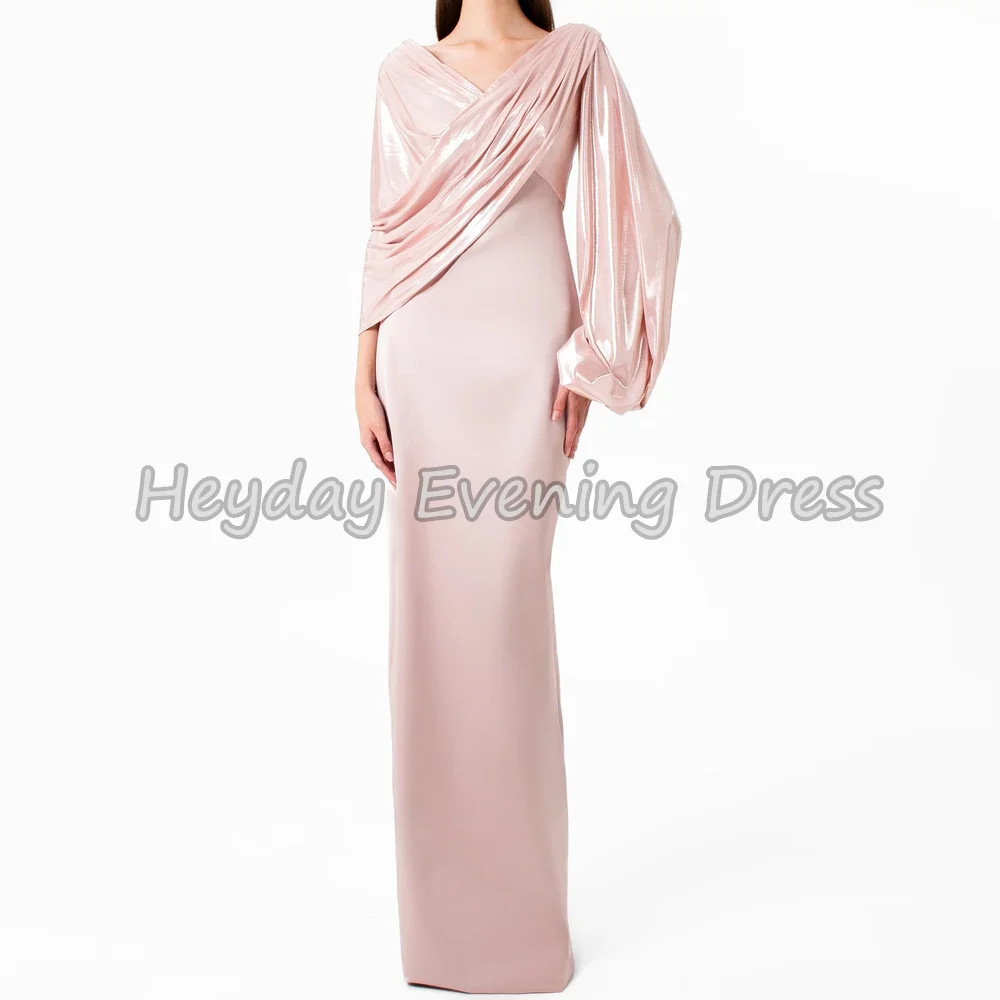 

Heyday Crepe Straight V-neck Pleats Floor Length Simple Saudi Evening Dresses For Women 2025 With Long Sleeves Arab Party Dress