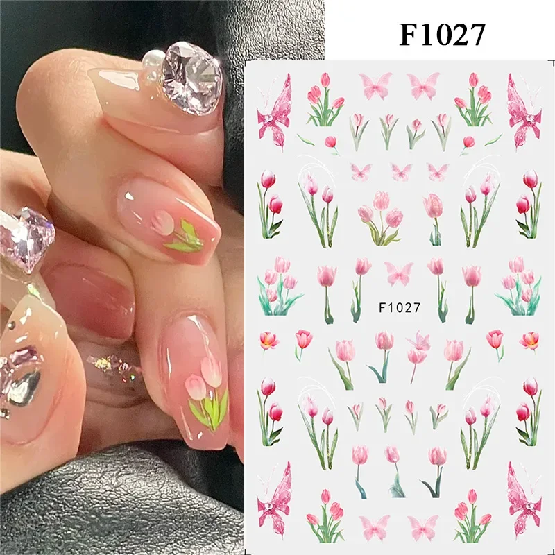 1 Uds nuevas pegatinas de flores de otoño para uñas mariposa colorida decoración artística de uñas tulipán pegatinas para uñas prensa en las uñas