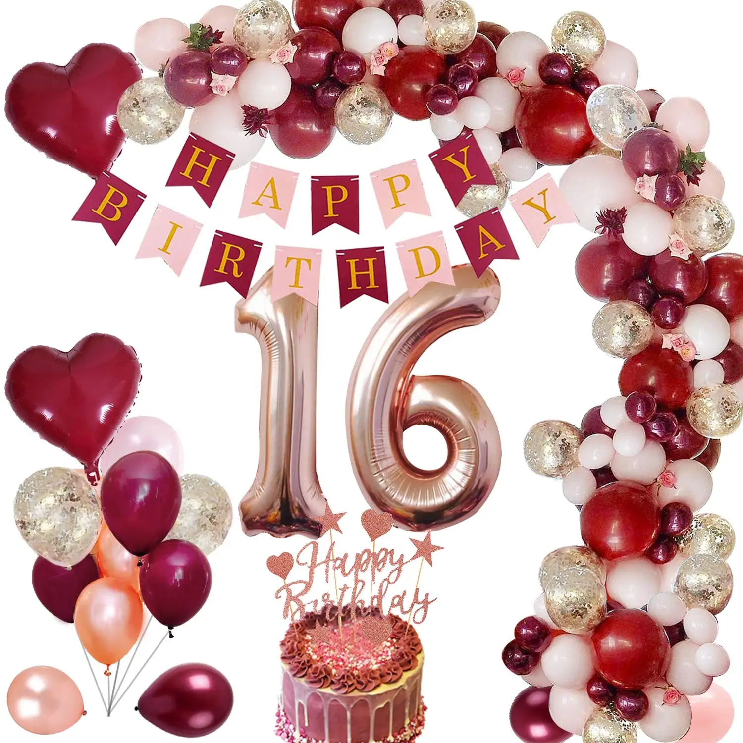 

16th 18th 30th 40th 50th Birthday Rose Gold Decorations Burgundy Decorations with Foil Balloon Wine Red Rose Gold Confetti Ballo