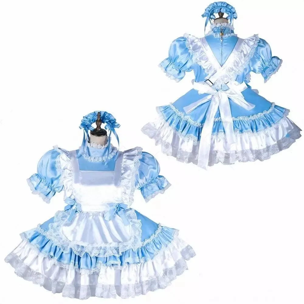 

Sexy sissy French maid blue satin lockable multi-layer ruffle edge dress maid cosplay costume customizable