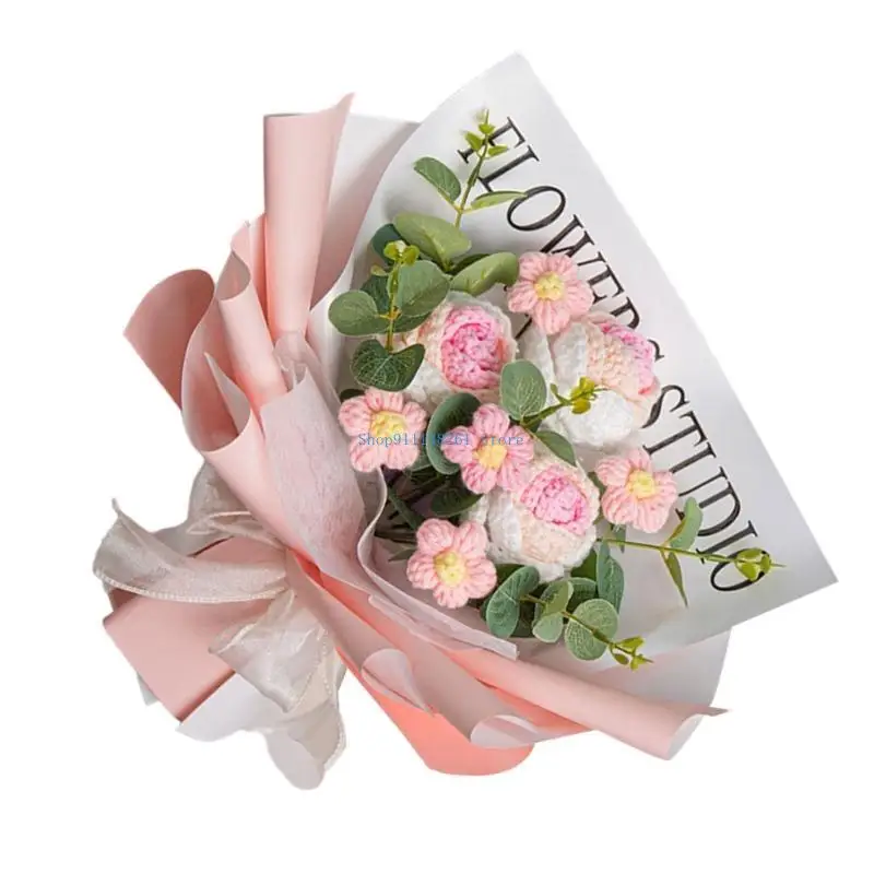 

H05E Crochet Rose Flowers Bouquets with String Light Gift Bag for Mother Day Wedding