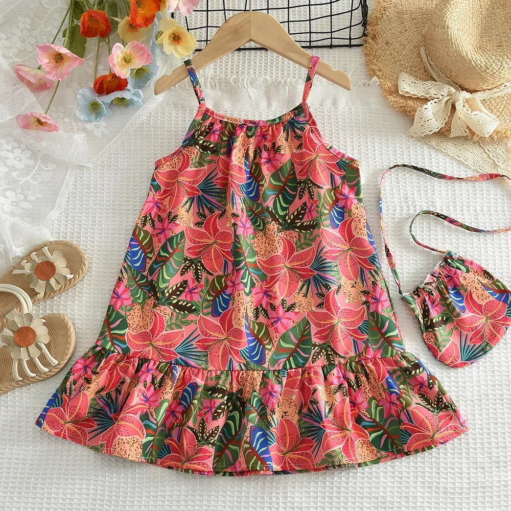 Summer New Leisure Vacation Style Flower Girls' Clothes 3-7 Years Old Color Printed Sleeveless Vest Dress+bag Two-piece Set