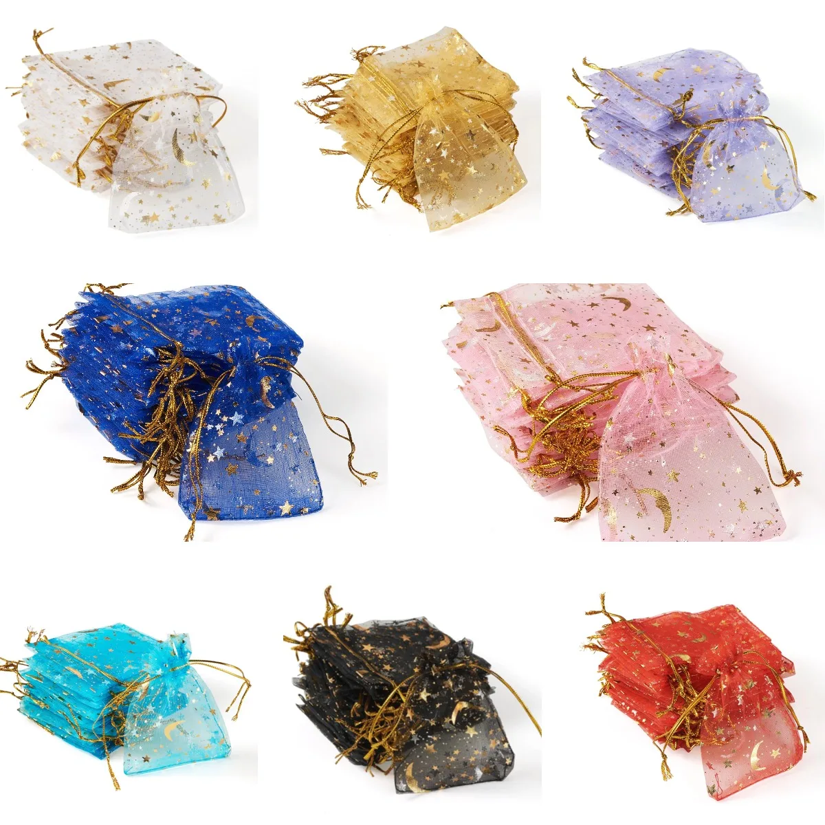 30pcs 9x7cm Organza Gift Bags Golden Moon Star Drawstring Pouches Packaging Bags for Christmas Wedding Party Jewelry Storage