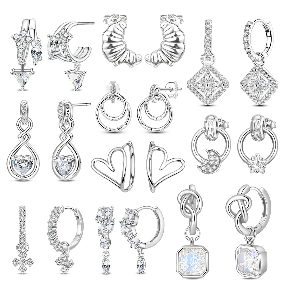 

Dazzling 925 Sterling Silver Ring-Shaped Teardrop Cross Star Moon Croissant Earrings Face-Shaping Accessories Gift