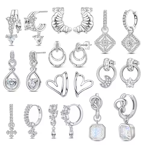 Dazzling 925 Sterling Silver Ring-Shaped Teardrop Cross Star Moon Croissant Earrings Face-Shaping Accessories Gift