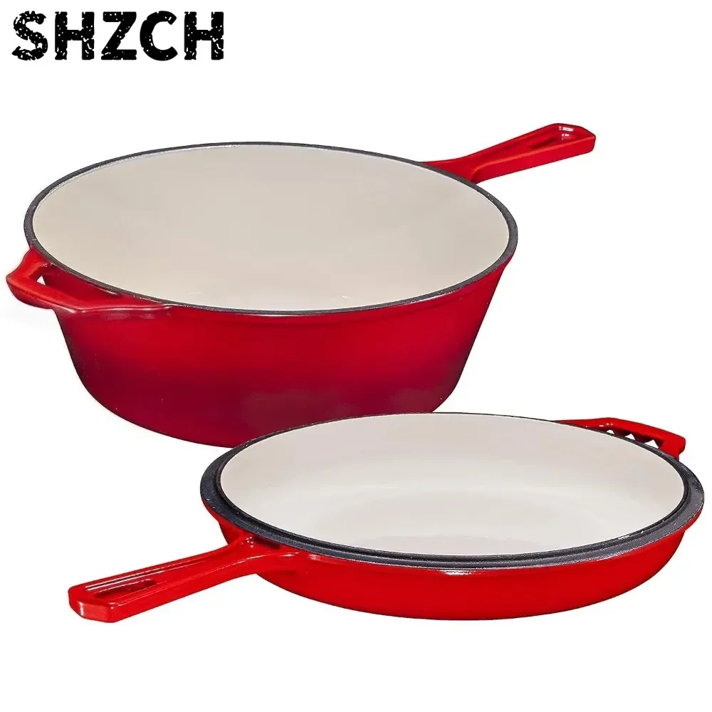 2-in-1 Cast Iron Enamel Oven with Lid, Combination of 11-inch Dutch Cast Iron Oven and Skillet