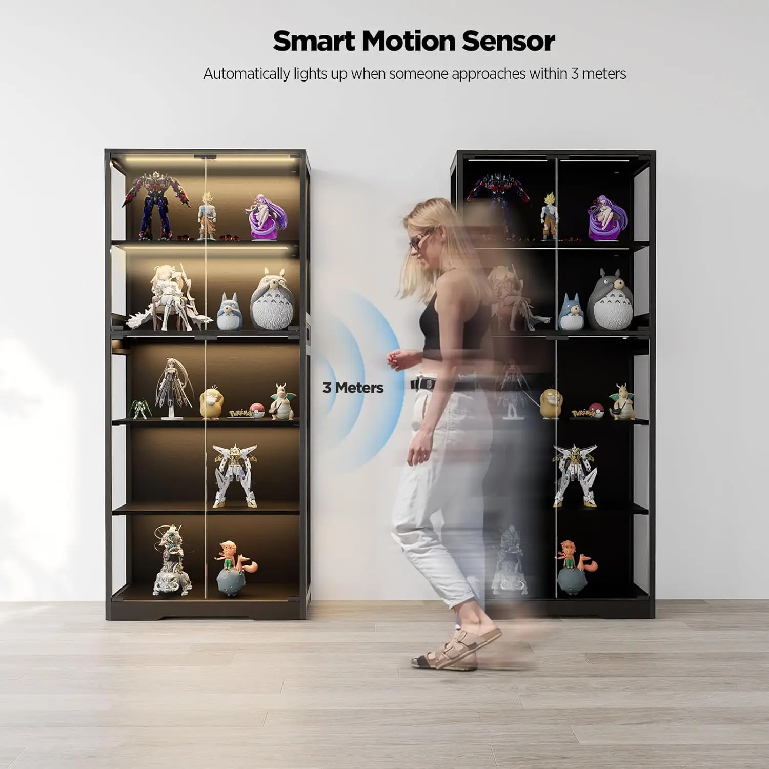 5-Tier Display Cabinet, Bookcase with Glass Doors, Dimming LED Lights & Motion Sensor, for Collectible Figures, Customized - view 5