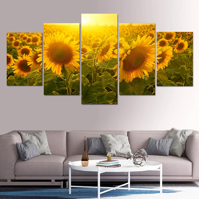 5 Pieces Sunflower Field At Sunset Sunshine Landscape Poster Canvas Painting Wall Art For Living Room Bedroom Home Decor Cuadros