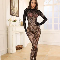 Women Sexy Lingerie Jumpsuit Long Sleeve Fishnet Floral Embroidery Stocking Bodysuit Glove Underwear Backless Bodystockings