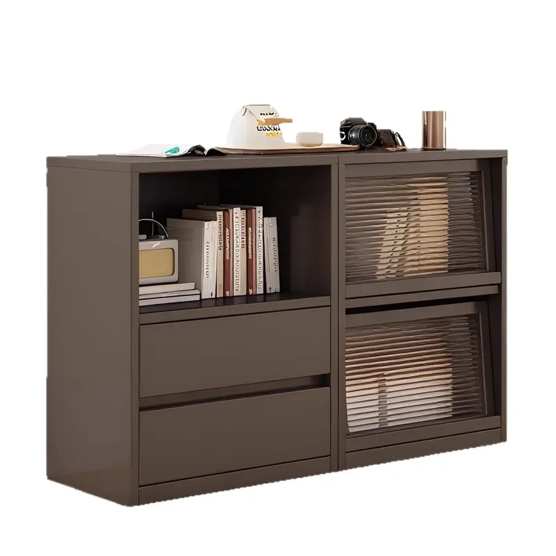 French Retro Solid Wood Low Bookcase with Locker Grid Display Shelf for Living Room Wall Floor Storage Cabinet