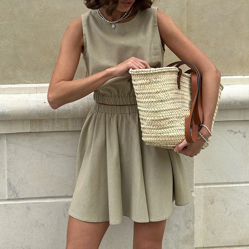 

Casual O Neck Sleeveless Vest Top & Mini Skirts Suit French Style Simple Solid 2 Piece Sets Women New Summer Loose Office Outfit