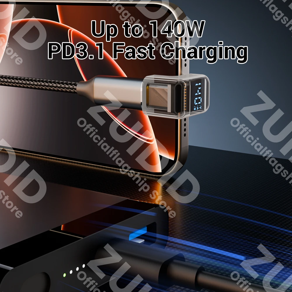 U-Shape LED Display USB4.0 40Gbps Type C to C Adapter 8K@60Hz PD140W 5A Fast Charging Cable for iPhone 15 16 MacBook Steam Deck