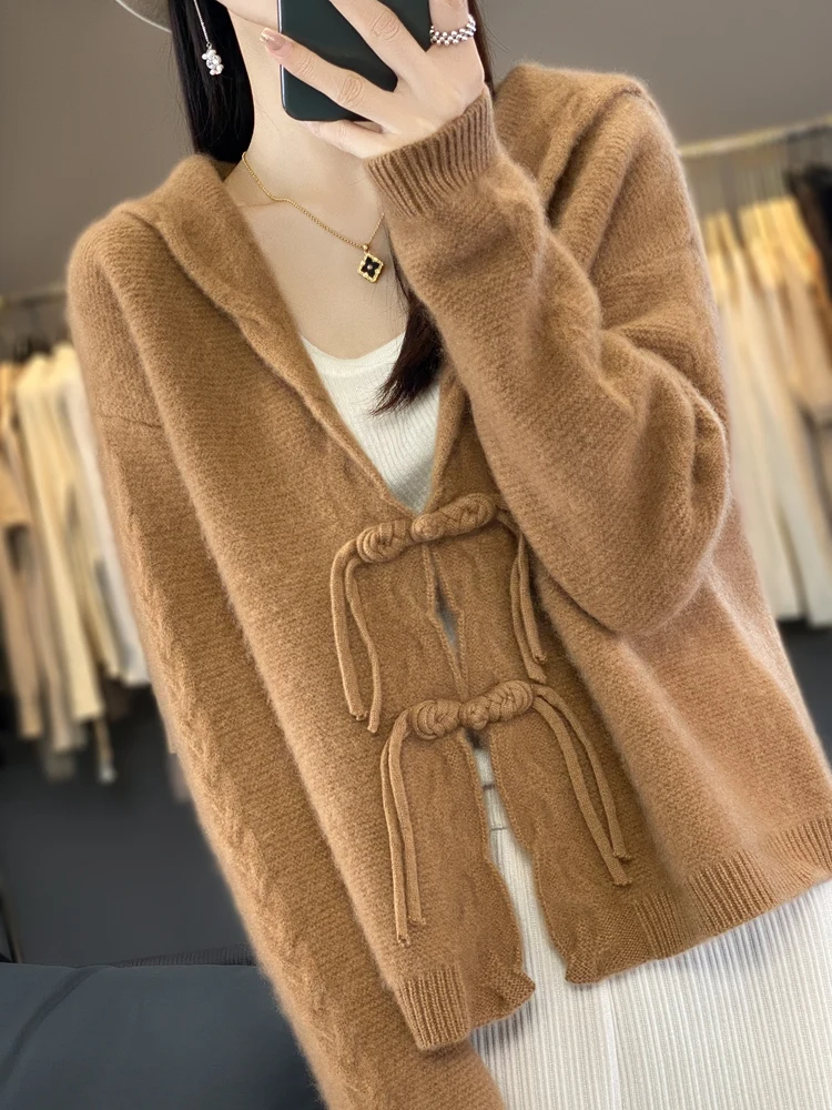 Women Hoodie Sweater Spring Autumn 100% Merino Wool  Long Sleeve Cardigan Chinese Knot Button Cashmere Knitwear Korean Popular