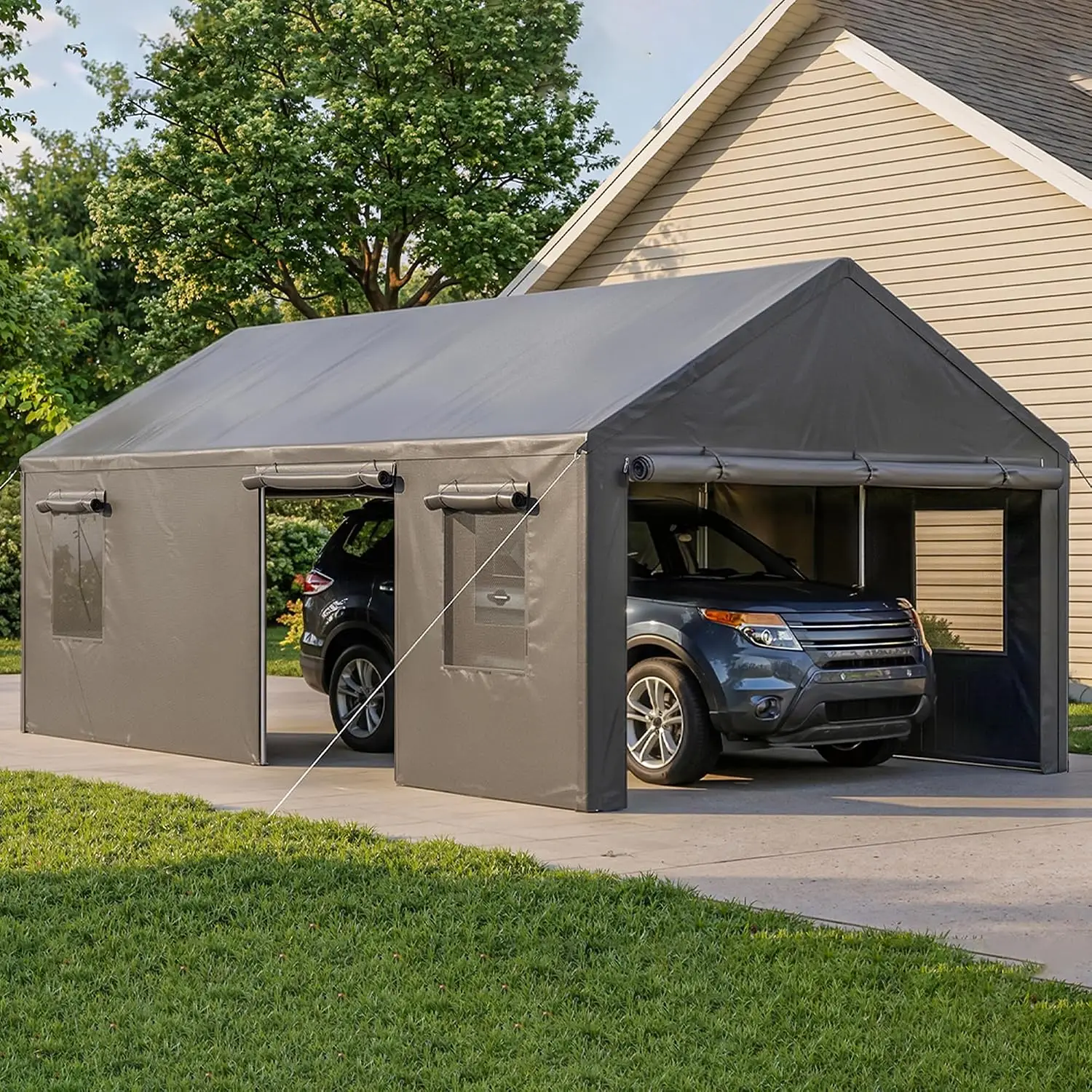 Portable Garage Tent with Roll-Up Windows and Doors, Enclosed Car Port with Galvanized Frame for Car, SUV, Truck, Boat