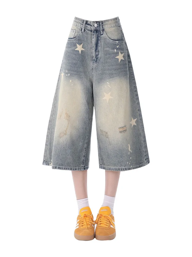 กางเกงยีนส์ทรงหลวมเอวสูงขากว้างลายดาวอเมริกันย้อนยุคสำหรับผู้หญิง สีน้ำเงิน ทนทานต่อการซัก