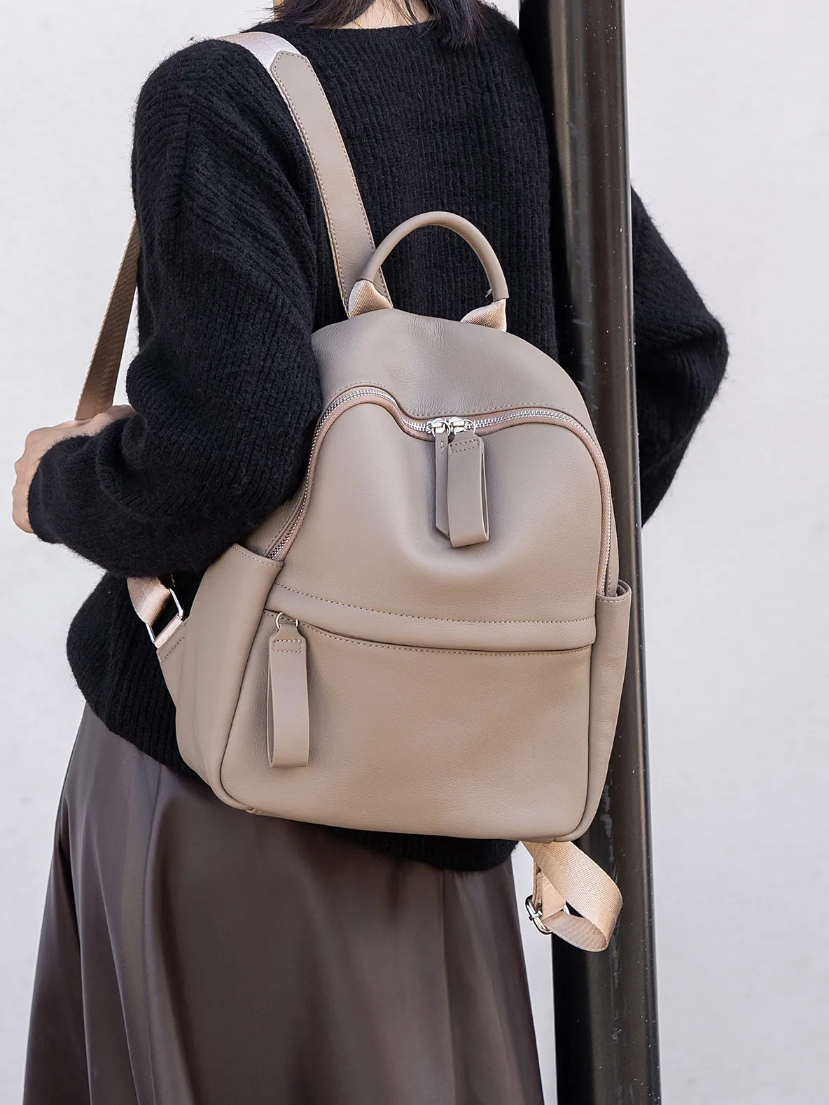 Women's Simple Soft Leather Backpack Mini Casual Daypack Lightweight Travel Shoulder Bag for Work School