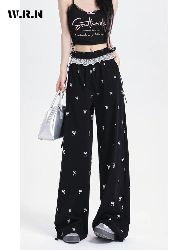 

2024 Summer Casual Sexy Lace Patchwork High Waist Wide Leg Pants Women's Fashion Loose Black Bows Soft Full Length Trousers