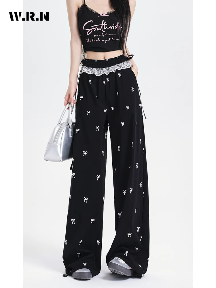 2024 Summer Casual Sexy Lace Patchwork High Waist Wide Leg Pants Women's Fashion Loose Black Bows Soft Full Length Trousers