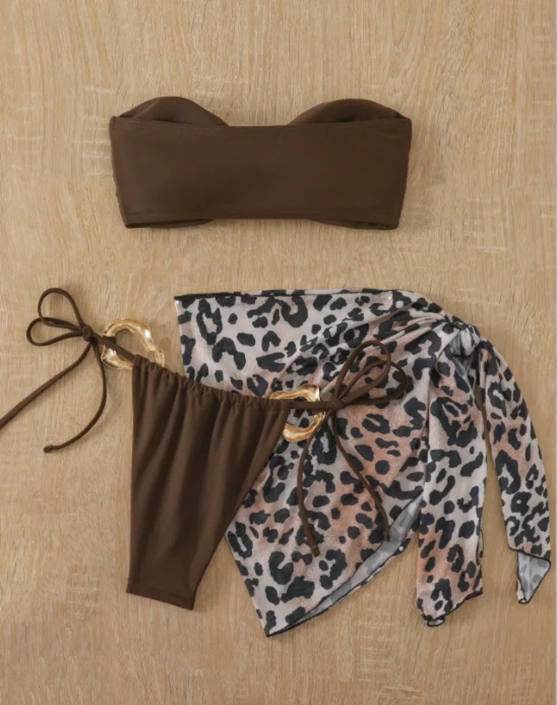 أطقم بيكيني مثيرة باللون البني مكونة من ثلاث قطع مع غطاء بطبعة الفهد وتنورة بحلقة معدنية وملابس سباحة وملابس سباحة تانكيني