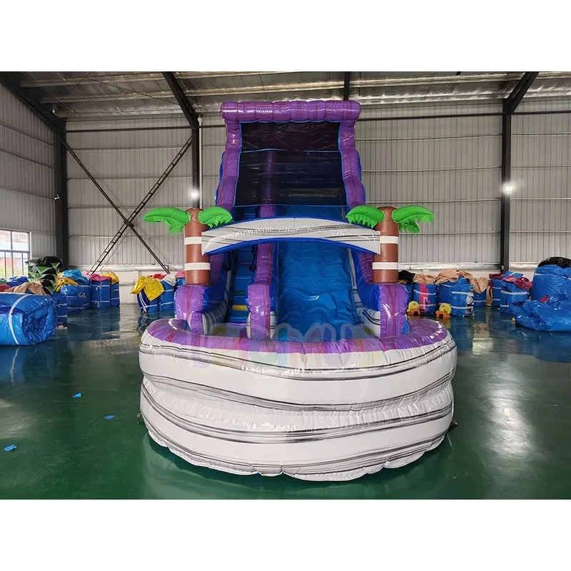 Tropical Palm Tree Inflatable Water Slide Commercial PVC Purple Blue Waterslide With Splash Pool for Backyard Summer Water Park