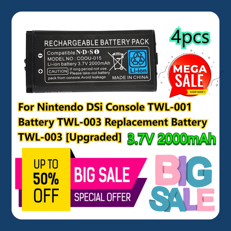 

For Nintendo DSi Console TWL-001 Battery TWL-003 3.7V 2000mAh Replacement Battery TWL-003 [Upgraded] 4pcs