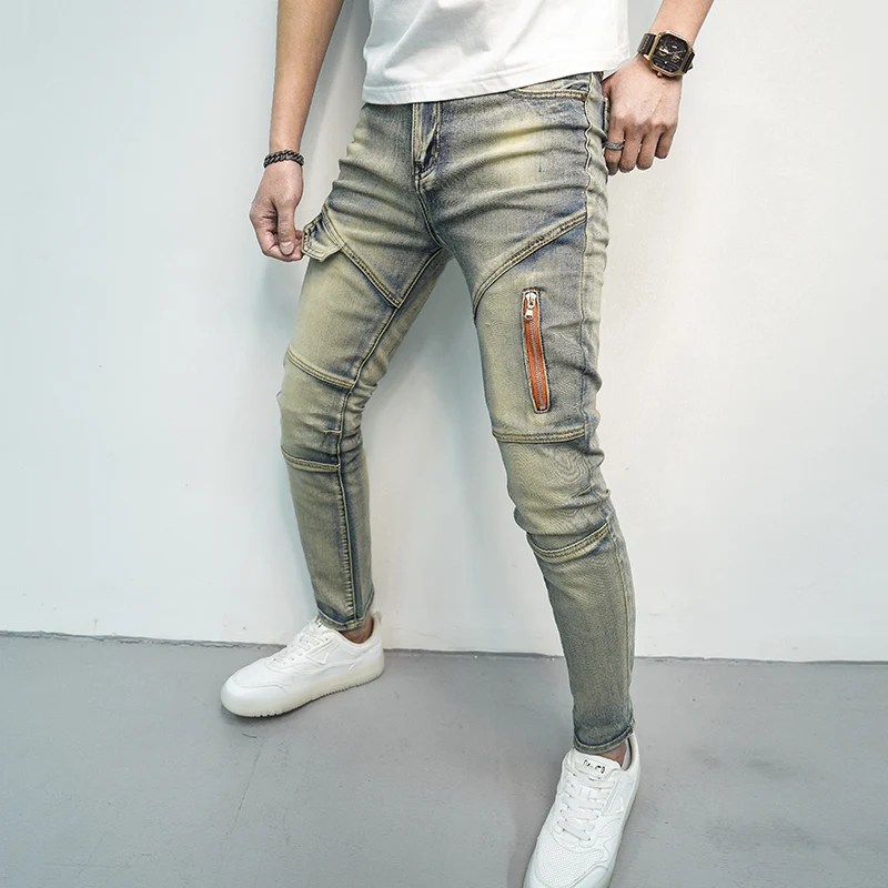 Summer Denim Pants for Men's Versatile Elastic Patchwork Leggings Fashionable and Handsome Zippered Decorative Casual Pants