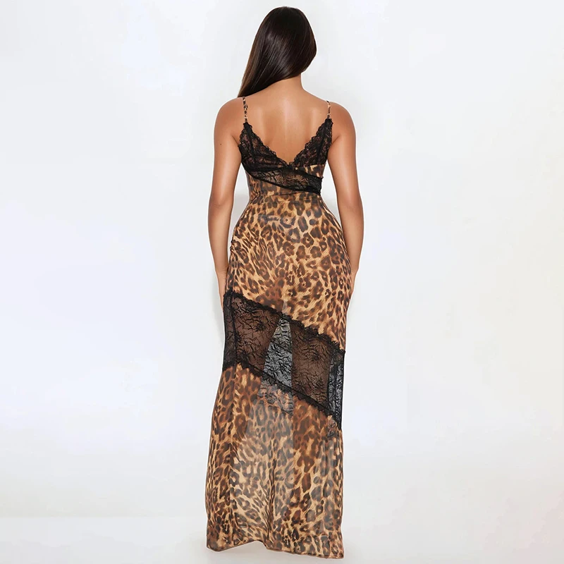 ชุดเดรสทรงเมอร์เมดผ้าตาข่ายลายปะติดลายเสือดาวสำหรับผู้หญิง ดีไซน์เซ็กซี่ คอวีลึก โชว์หลัง ผ้ารูด แต่งระบาย แฟชั่นกลางคืน ทรงเข้ารูปยาว