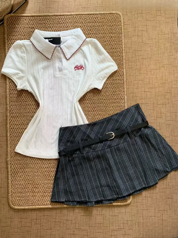 2025 Summer Preppy Style Skinny 2-piece Set Women Harajuku Vintage New Lapel Slim Short Sleeve T-Shirts + High-waist Plaid Skirt