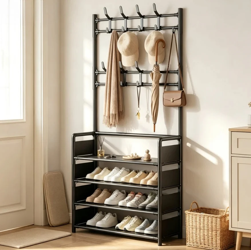 Compact Floor To Ceiling Shoe Hat Clothing Rack, Multi-Layer Storage, Doorstep Space Saving Organizer, Easy Use Household Stand