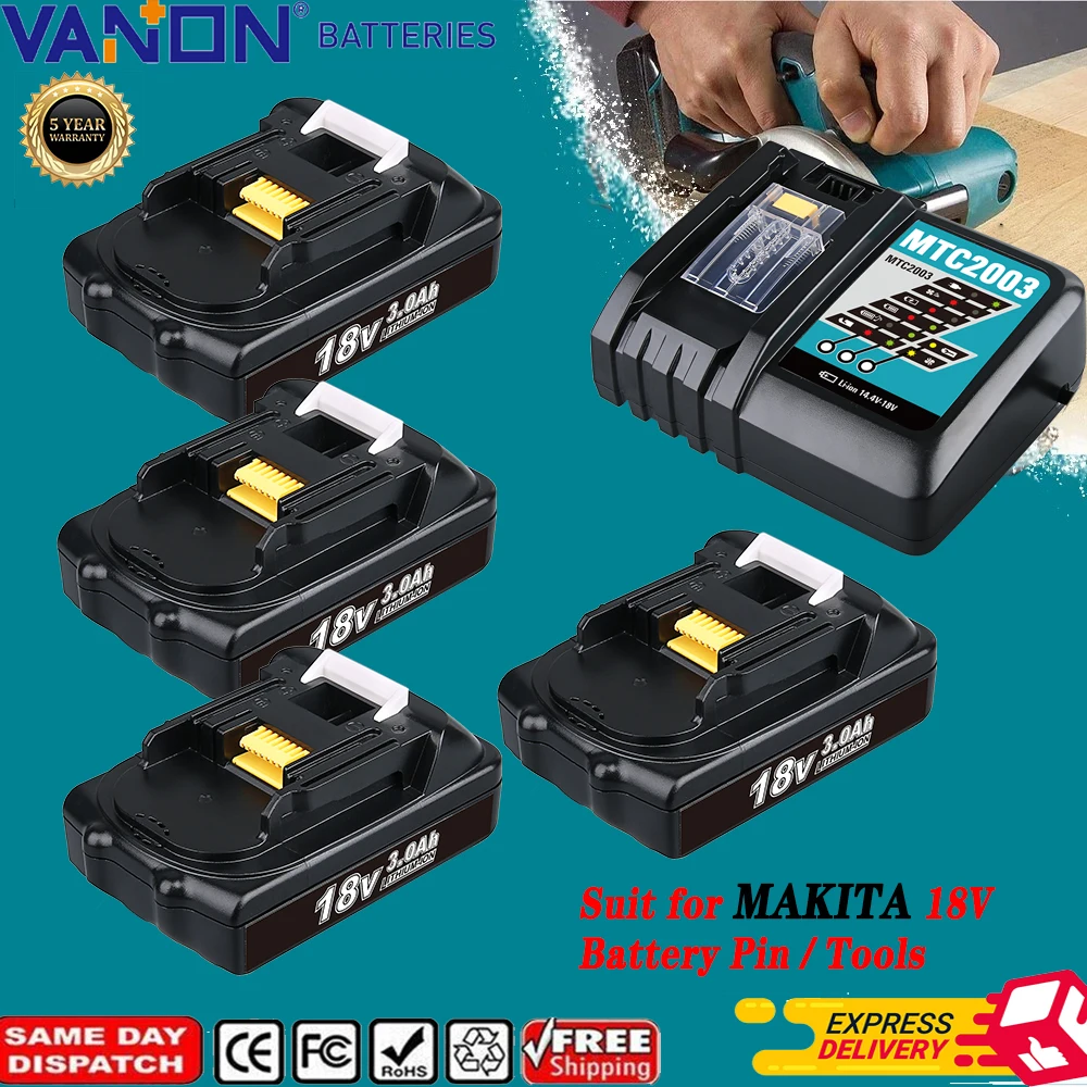 VANON 1/2/4Pcs 3.0Ah BL1830 Li-on Replace for Makita 18V BL1815 BL1850 BL1860 BL1890 Battery Pin and DC18RC 14.4-18V 3A Charger
