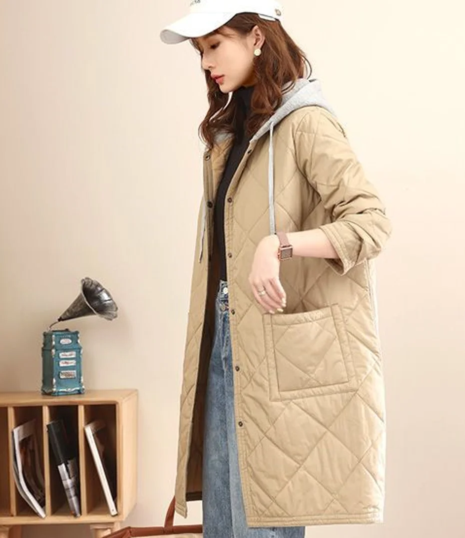 ใหม่ Parkas ฤดูใบไม้ร่วงฤดูหนาวยาวลงผ้าฝ้ายเบาะสตรีขนาดใหญ่ Casual Quilted Hooded Outwear บางแจ็คเก็ตอเนกประสงค์