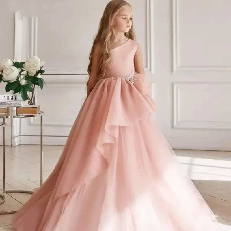 

Blush Flower Girl Dress One Shoulder Tiered Crystals A Line Baby Girl Birthday Wedding Princess Party First Communion Gown