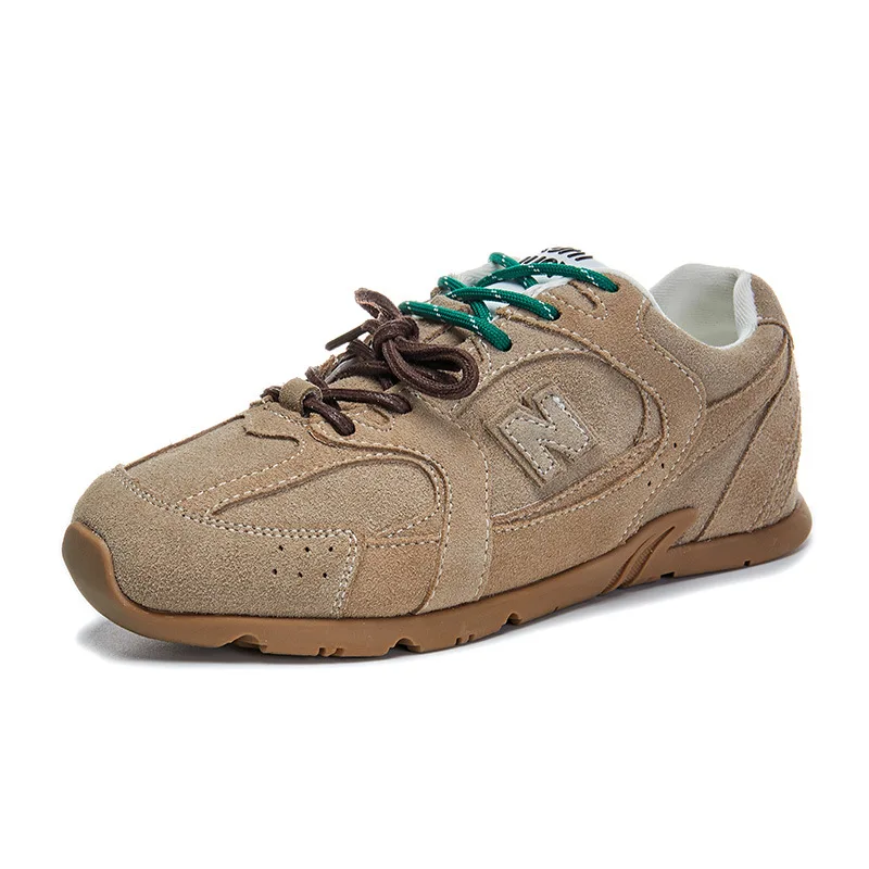 Beige Retro Casual Sneakers For Women Suede Upper With Double Green And Brown Laces Round Toe Comfortable Flat Sole Versatile - view 6
