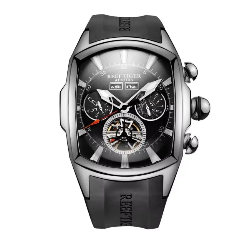 Reef Tiger Men นาฬิกาอัตโนมัติกีฬานาฬิกาข้อมือ Tonneau Case สายยาง Luminous Muiti-Dial เดือนสัปดาห์วันที่