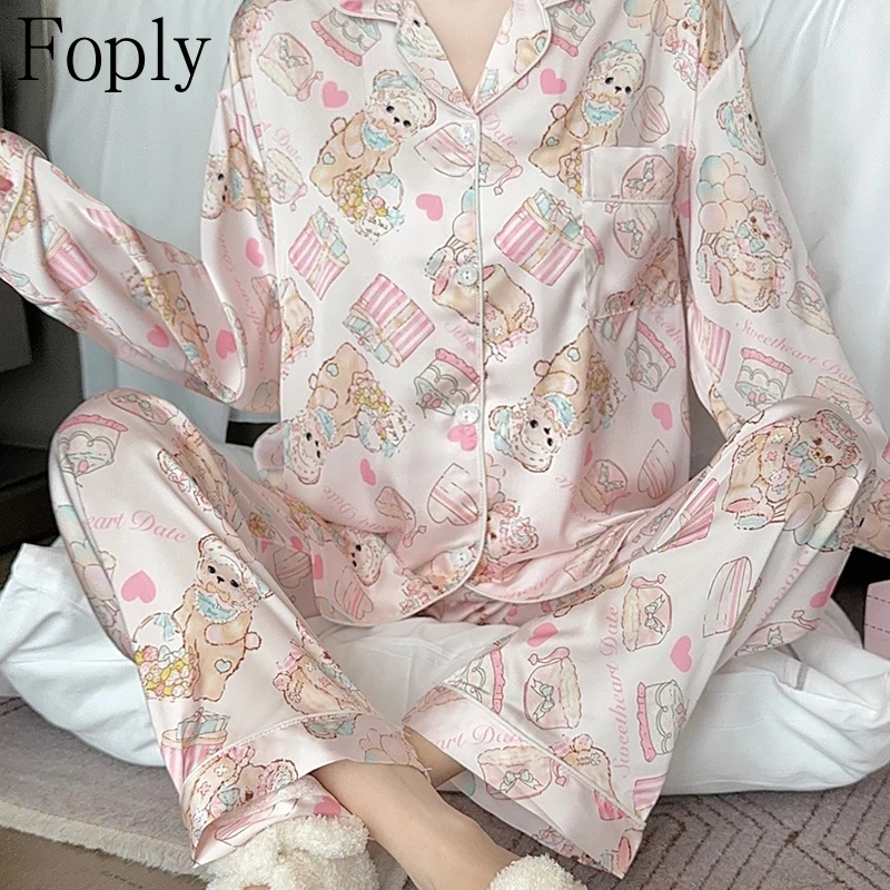 Kawaii Cake Little Bear Woman Pyjamas Set Spring Summer 2Piece Pajama Satin Silk Sleepwear Longsleeve Top Pants Pijama Pjs
