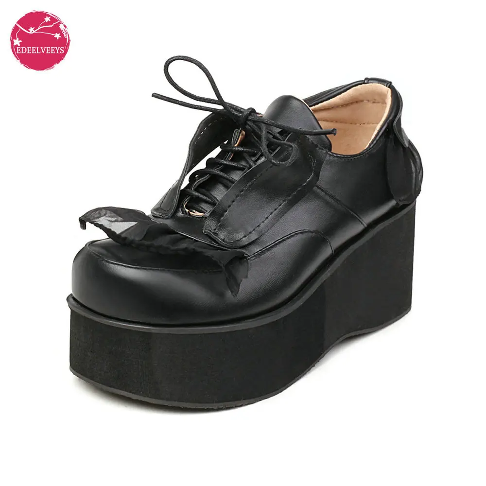 

EDEELVEEYS Spring Autumn Vintage Lolita Wedges Shoes White Black Students JK Uniform Platform Pumps Women Lace Up Heels Size 45