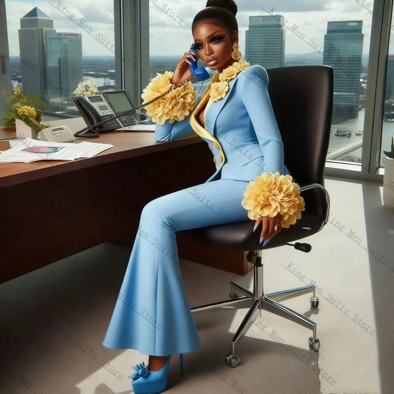 Light Blue Women Suit Set 2 Pcs Blazer+Pants Trousers Ruffles Sleeves Customized Formal Guest Wedding Tuxedos Coat Jacket