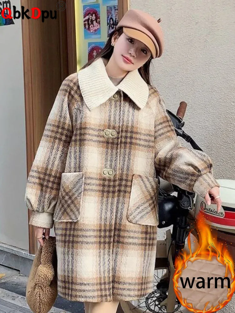 Women Plaid Design Woolen Thicken Jackets Winter Warm Cotton Padded Lined Single Breasted Abrigos Casual Long Sleeve Loose Coats